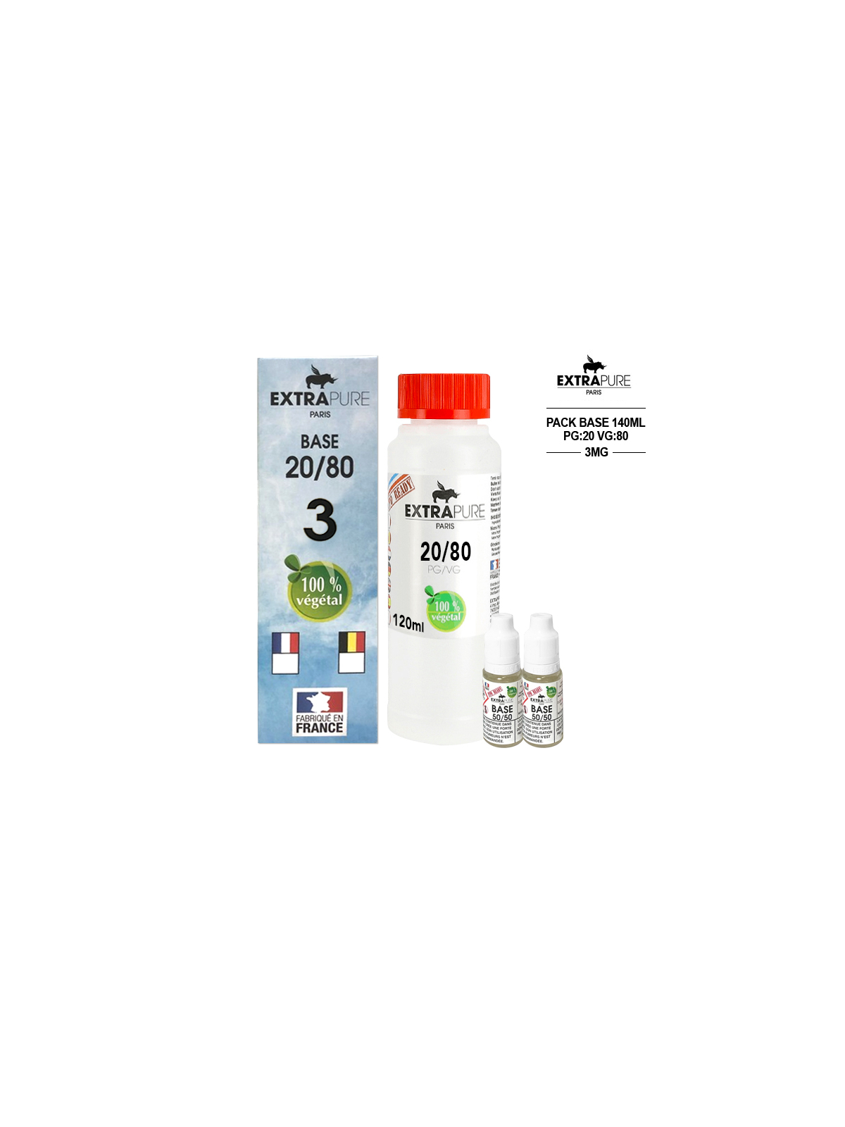 Kit EXTRAPURE Base neutre + Boosters de Nicotine pas cher pour E-liquide D.I.Y - Pack 140 ml, 20/80, 3 mg