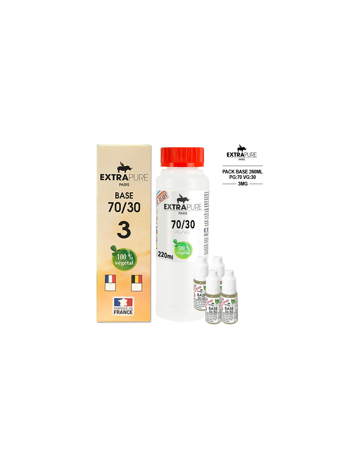 Kit EXTRAPURE Base neutre 70/30 + Boosters de Nicotine 3 mg pas cher pour E-liquide D.I.Y - Pack 260 ml