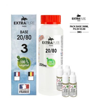 Kit EXTRAPURE Base neutre 20/80 + Boosters de Nicotine 3 mg pas cher pour E-liquide D.I.Y - Pack 260 ml