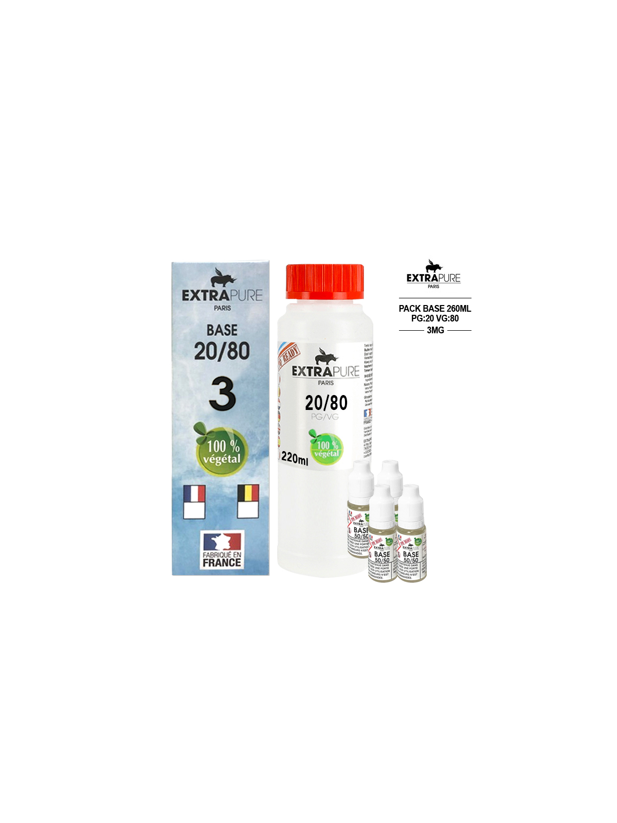 Kit EXTRAPURE Base neutre 20/80 + Boosters de Nicotine 3 mg pas cher pour E-liquide D.I.Y - Pack 260 ml